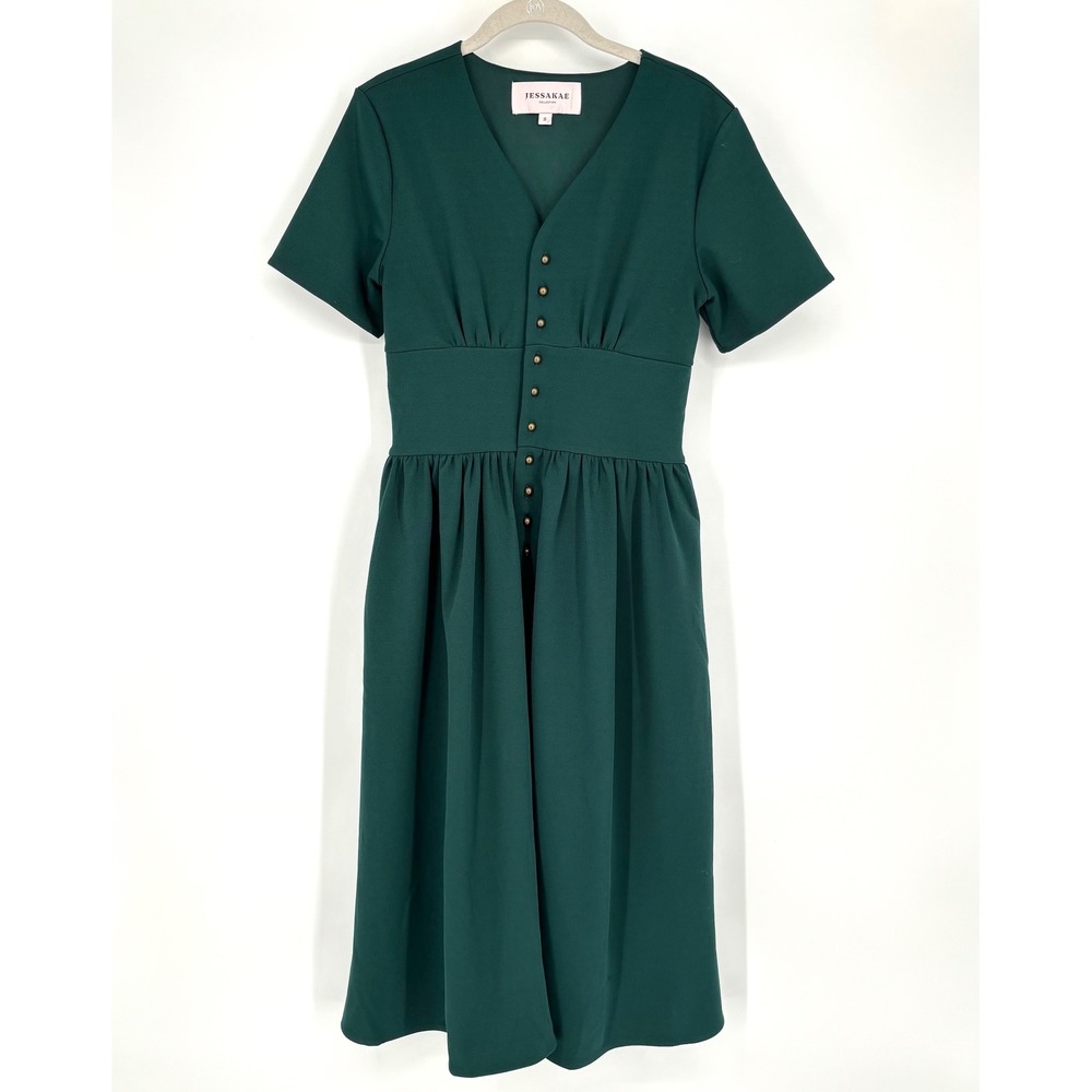 JESSAKAE Folklore Dark Green‎ Midi Dress Size S Fit & Flare Gold Buttons